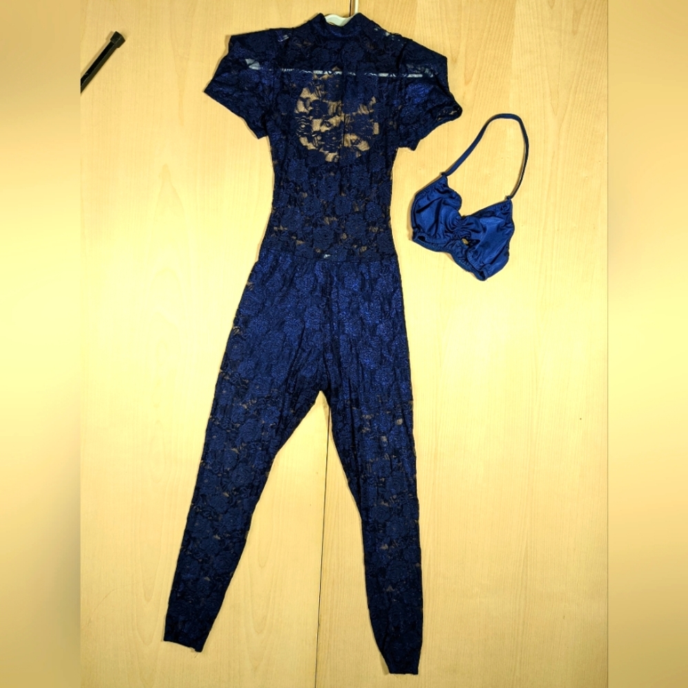 Kelle adult small blue lace full body suit with bralette dance wear or costume